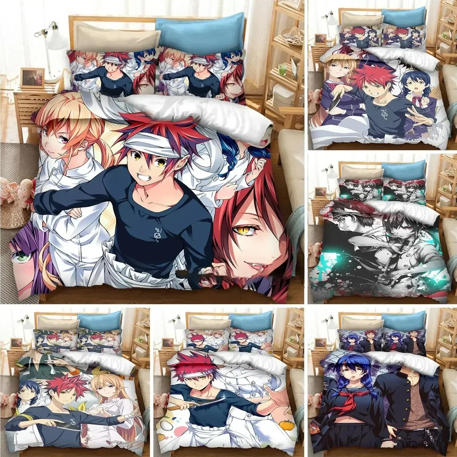 Set copripiumino stampato Top 3D Anime Food Wars Shokugeki no Soma, morbido e confortevole, perfetto per la decorazione della camera dei bambini