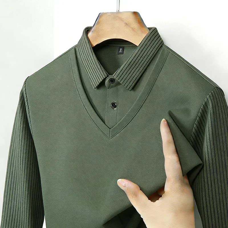 Men's long sleeve shirt with V neck, effect two pieces, kaki striped, casual, fashionable, soft fabric, for everyday use.