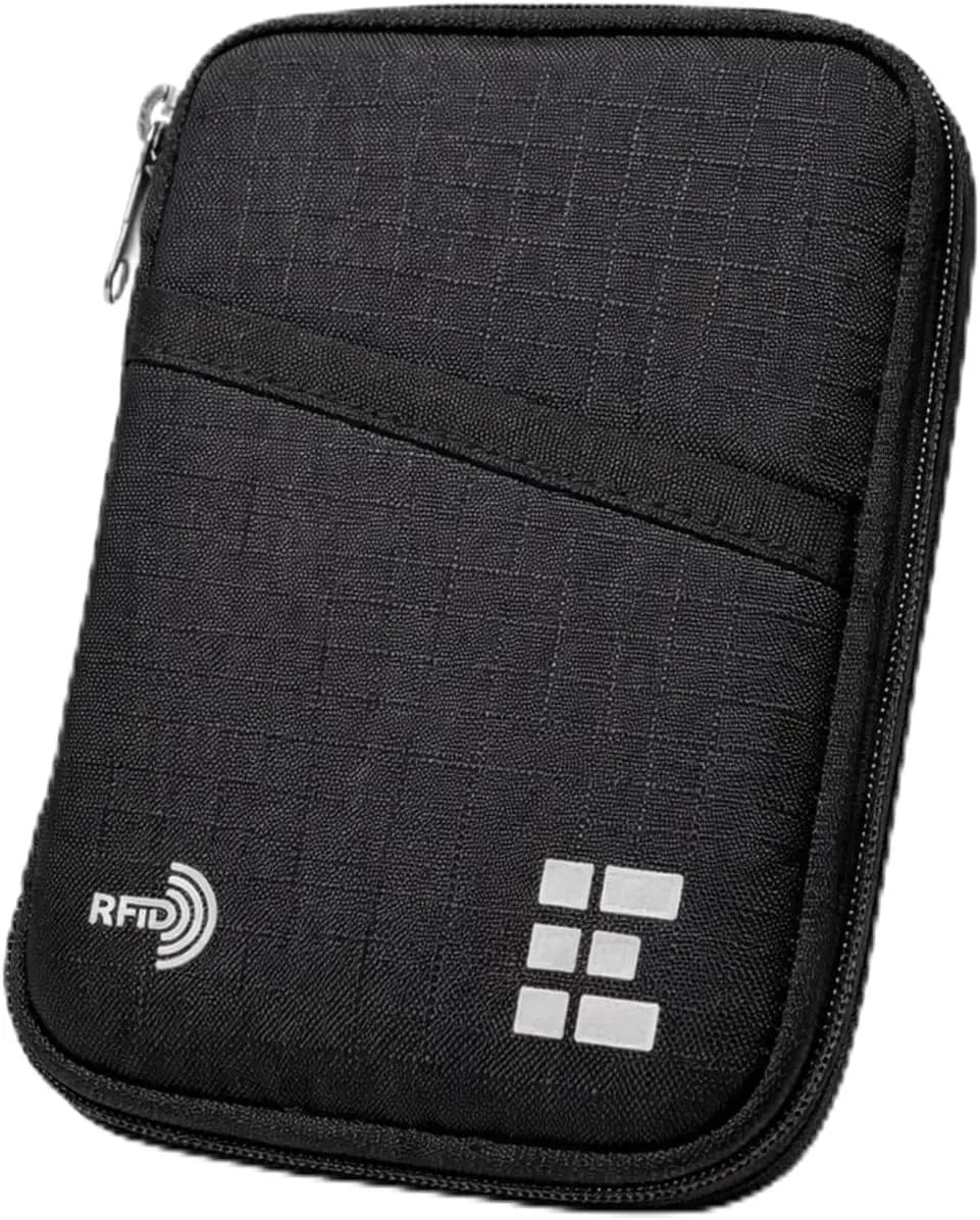 Portafoglio da viaggio con blocco RFID e chiusura a zip, design compatto per passaporto, carte, contanti e AirTag - Nero notte