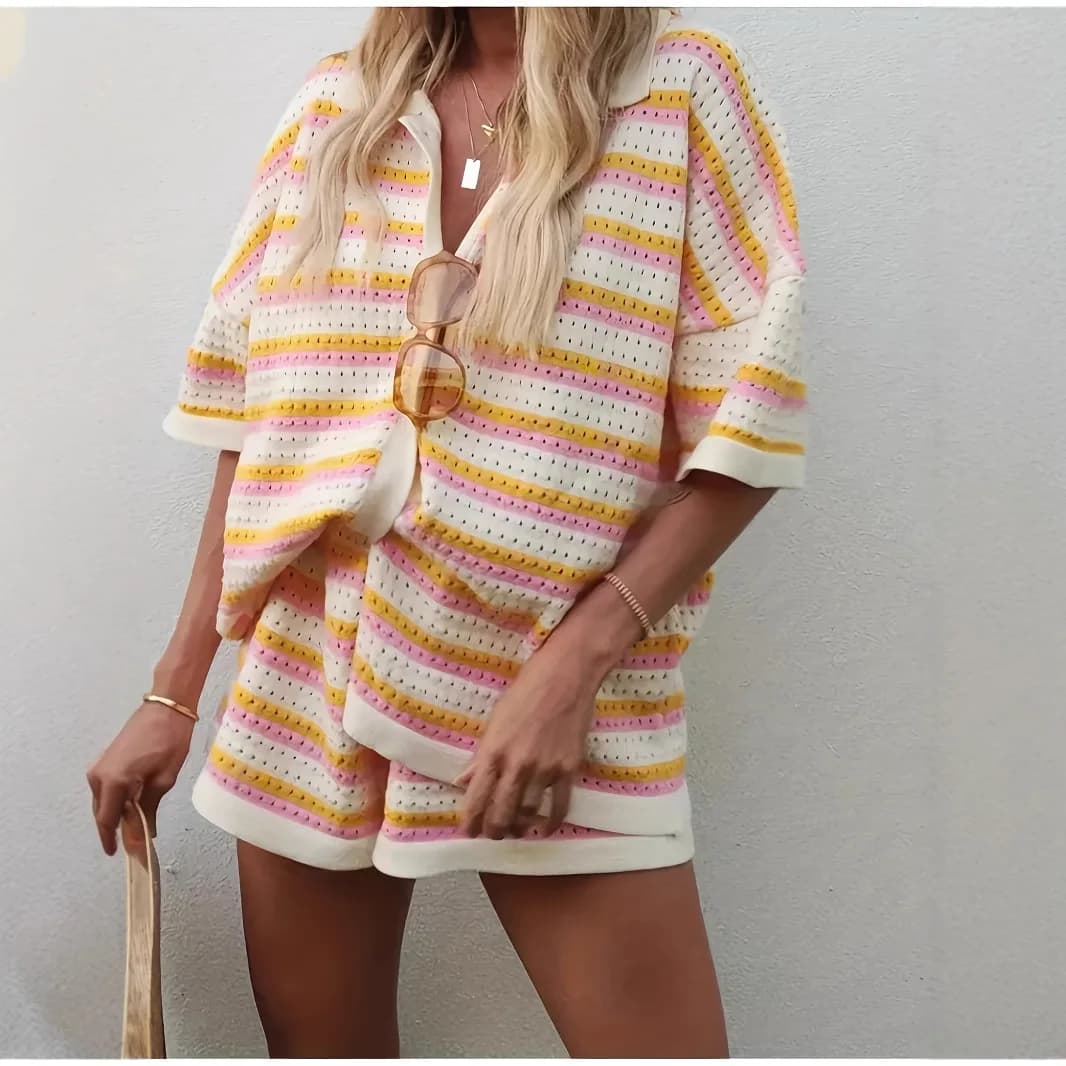 Colorful Striped Hollow Knit 2 Piece Set Button Front Loose Shirt Elastic Waist Matching Shorts Casual Knit Co-ord Outfit 260701