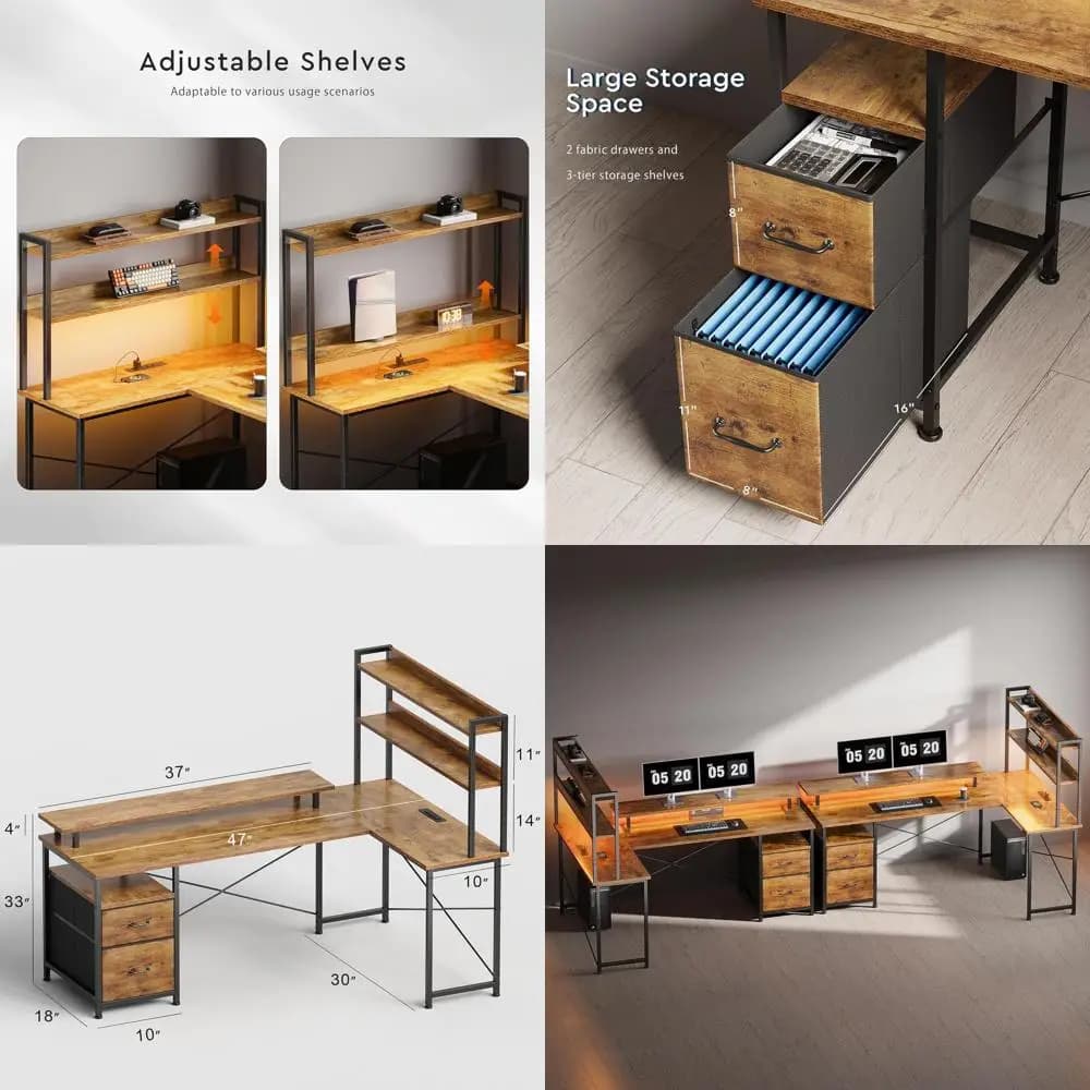 L desk with storage space, reversible computer desk with LED lighting, home office desk with monitor support, brown