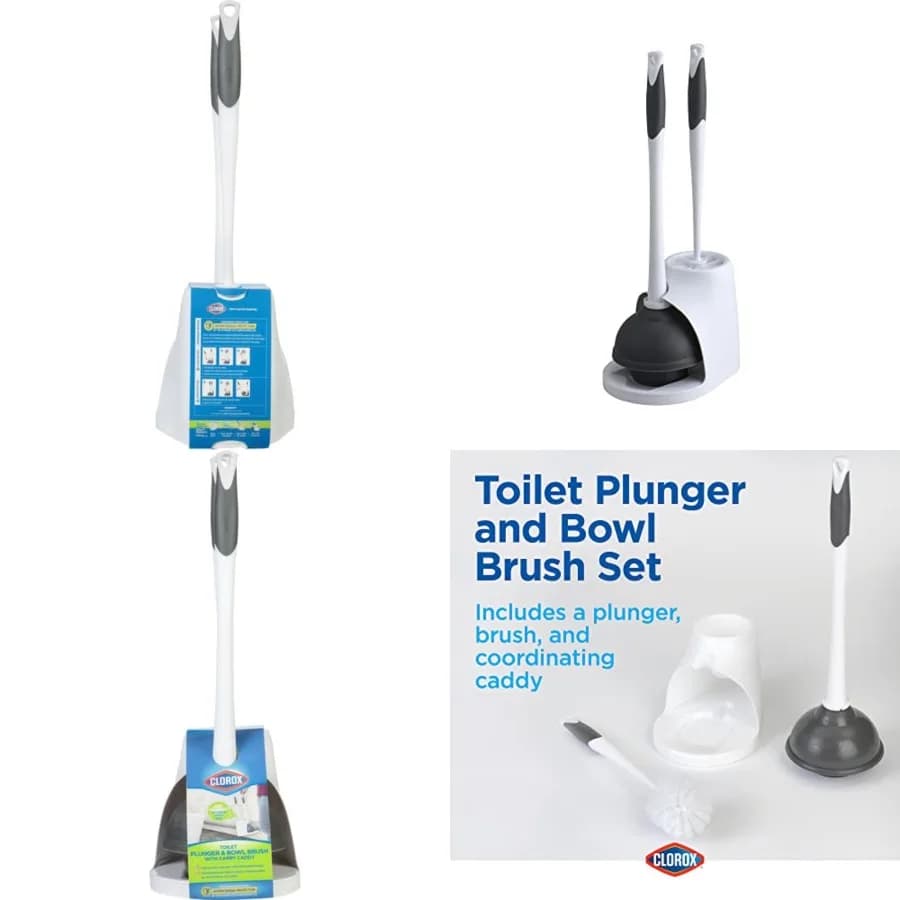 Toilet Plunger and Brush Bowl Set with Holder Caddy Storage for Cleaning Bathroom and Unclogging Toilets, White and Gray