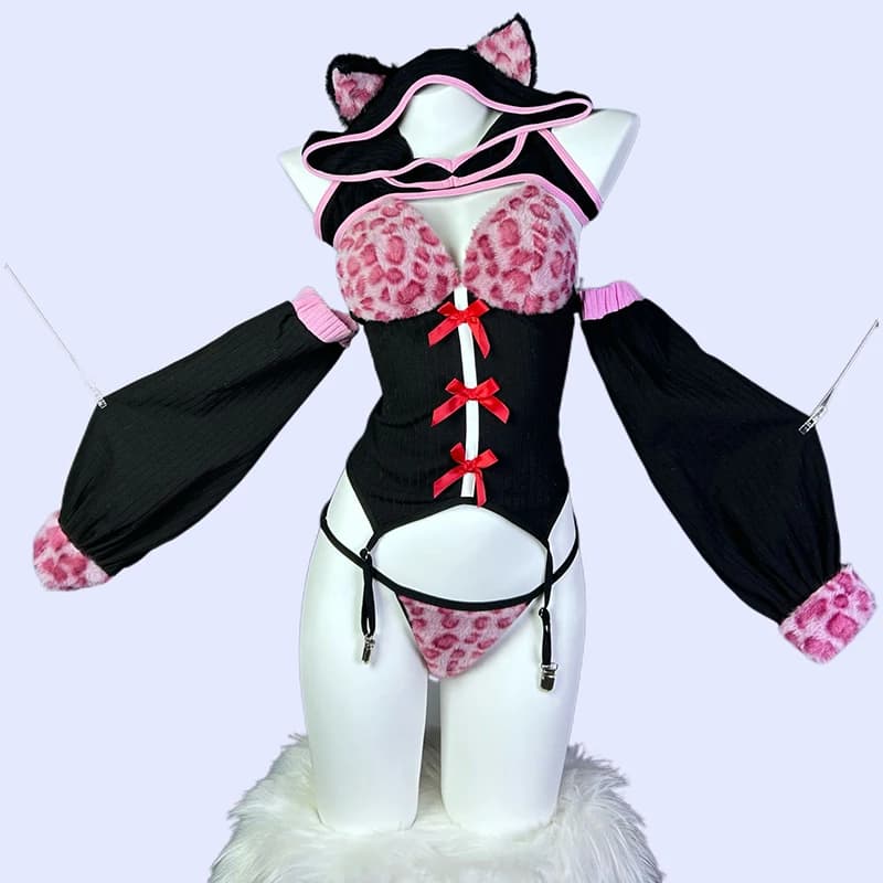 Anime Sweet Cat Girl Cosplay Uniform Leopard Design Outfits Cute Ears Hooded Short Vest Halloween Carnival Party Outfits Costume