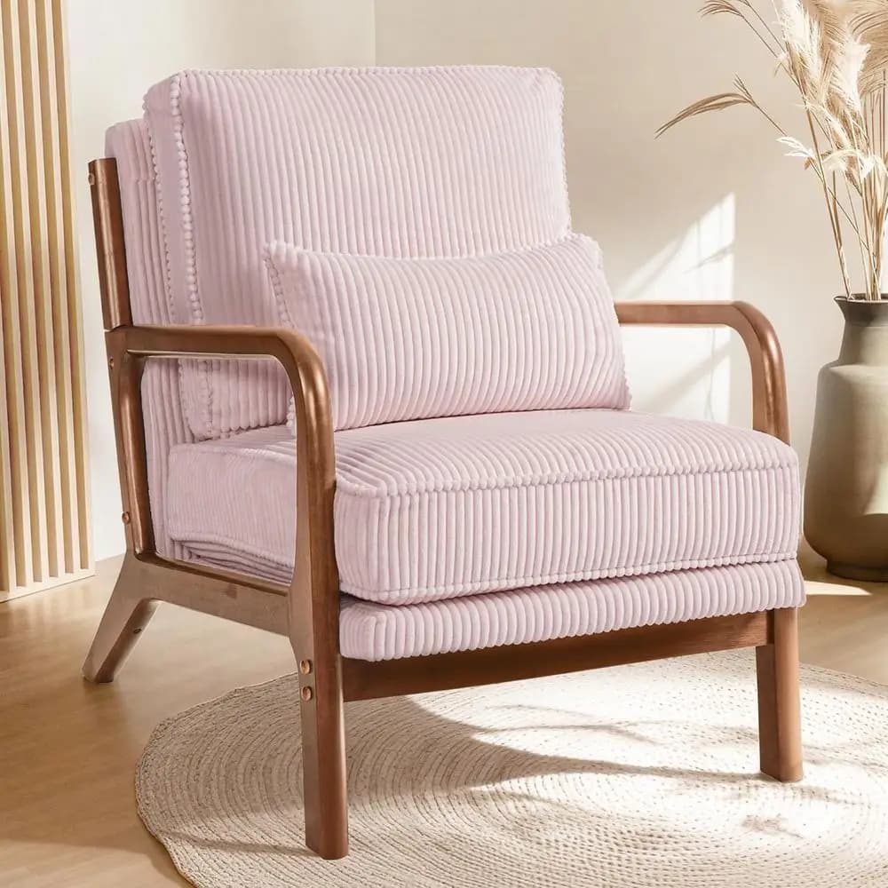 Poltrona in Velluto a Coste Stile Mid-Century, con Struttura in Legno, Cuscino Lombare e Cuscino Spesso 20 cm, per Soggiorno, Camera da Letto, Veranda, Rosa