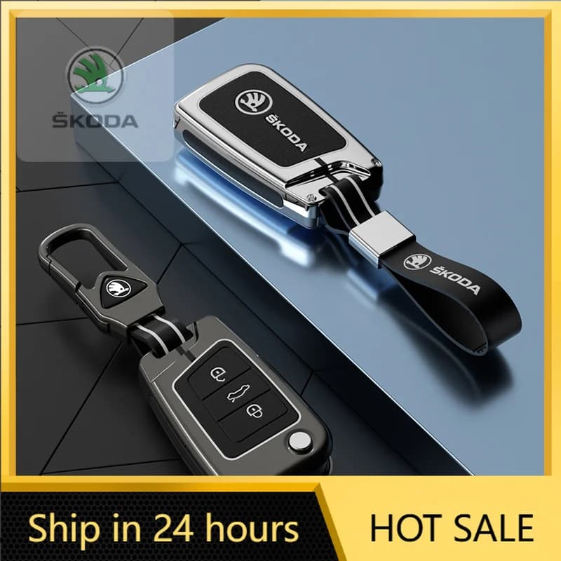 Car Flip Remote Key Case Cover Holder Shell for Skoda Octavia Kodiaq Karoq Zinc Alloy Leather Protector Keychain Accessories