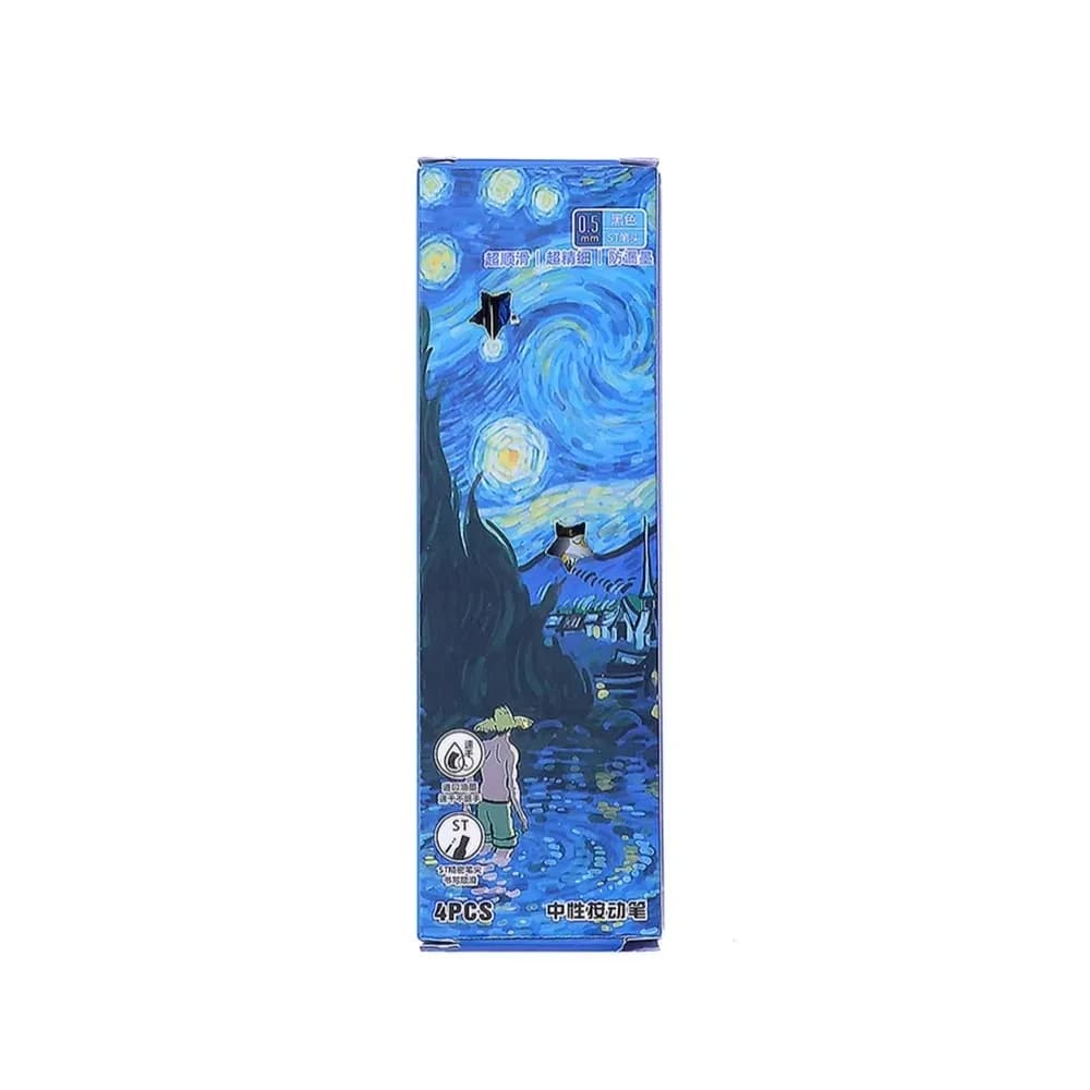 Set di 4 Penne Gel a Pressione con Design Ispirato a Van Gogh, Inchiostro Nero, Asciugatura Rapida, Punta 0.5mm, per Esami