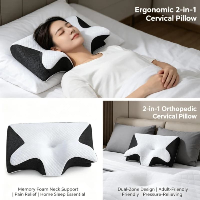 Cuscino Cervicale Ergonomico Ortopedico 2 in 1, Cuscino per il Collo in Memory Foam, Comodo Cuscino per Dormire per Adulti