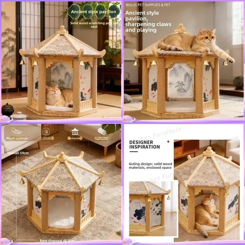 Antique Style Cat Tree with Nest Hammock Hemp Rope Scratching Posts Anti-Scratch Solid Wood Cat Climbing Frame for Large Cats