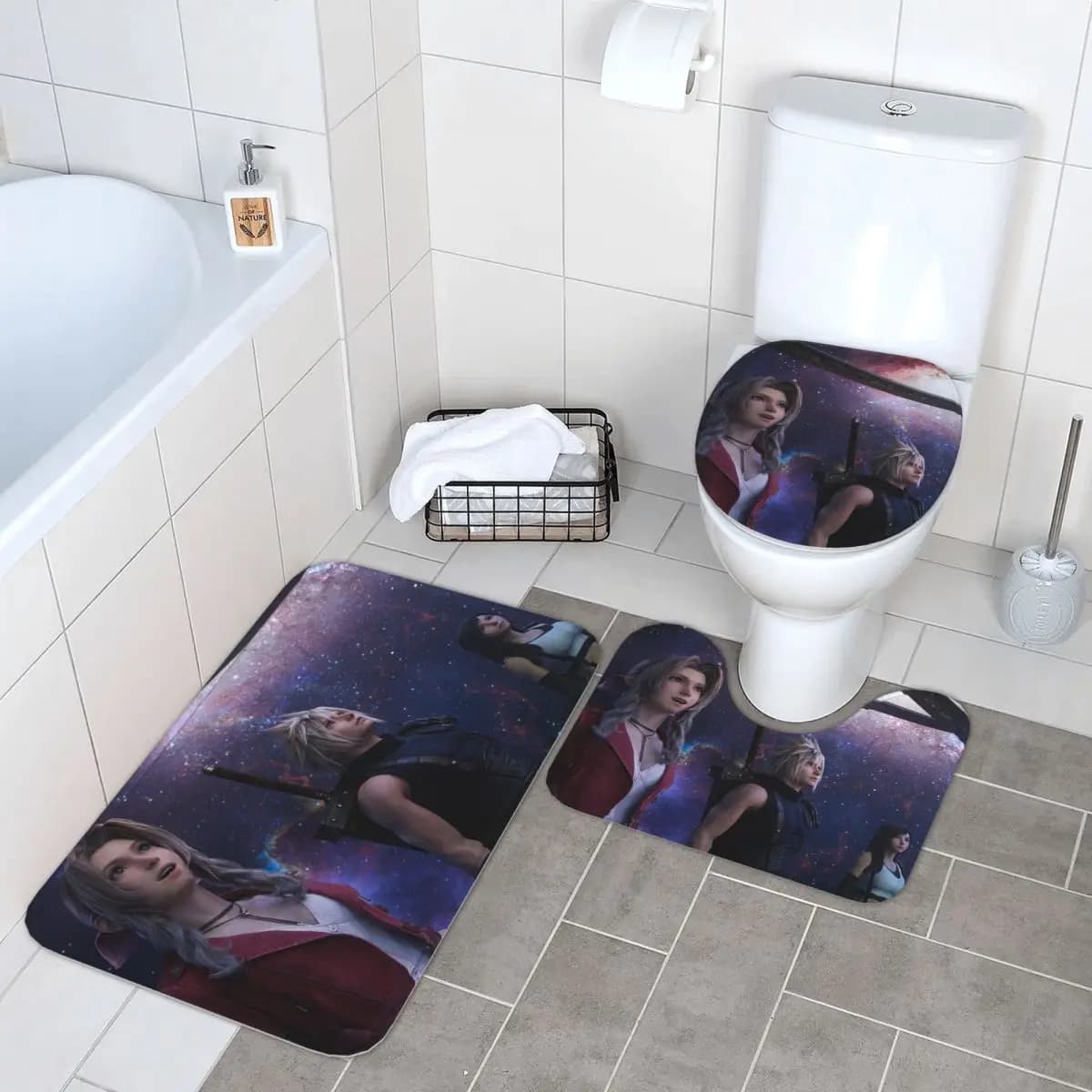 Final Fantasy 7 Rebirth Tappetino da bagno 3 pezzi Set da bagno Copri coperchio per WC Decorazioni per la casa Tappeto antiscivolo