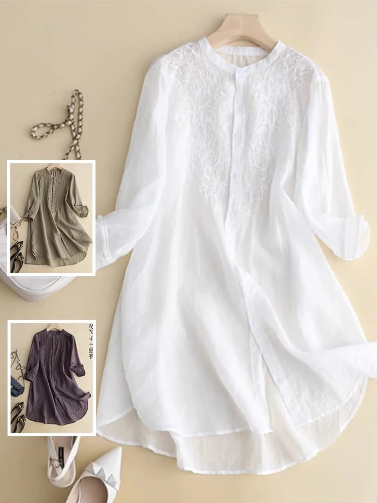 Primavera estate traspirante sottile cotone lino ricamo camicie di media lunghezza per signora elegante Casual allentato colletto alla coreana camicetta da donna
