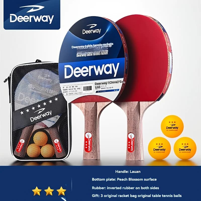 Deerway Table Tennis Racket Set Horizontal Racket Table Tennis Racket Set Brown Handle Table Tennis Racket with Net Bag + 3 Balls