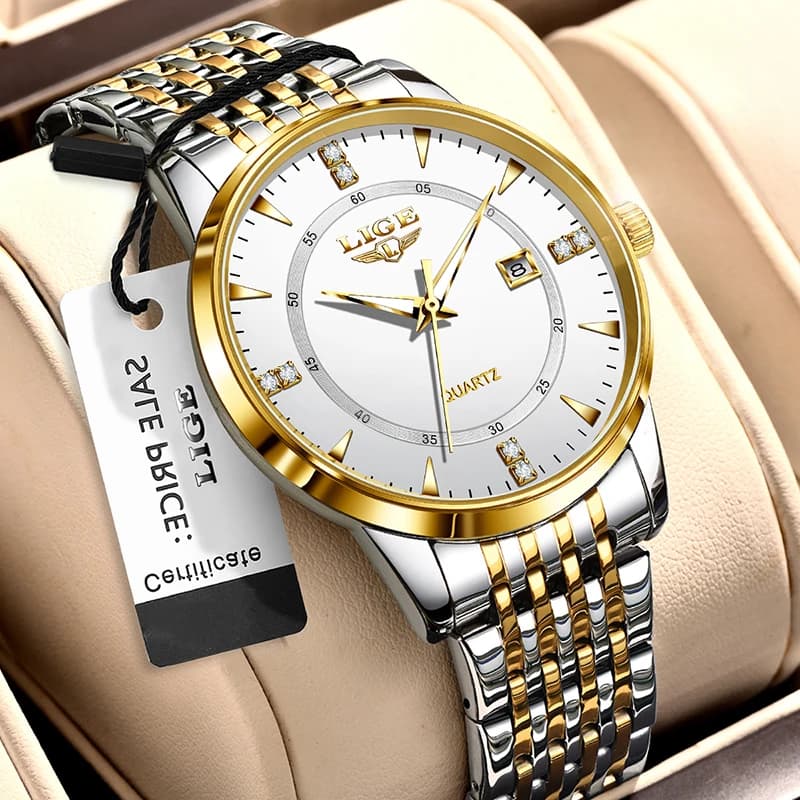 Men's Watch LIGE Simple and Elegant, High Range Luxury, Stainless Steel Strap, Casual Sporty, Men's Quartz Clock for Business, With Date and Diamonds