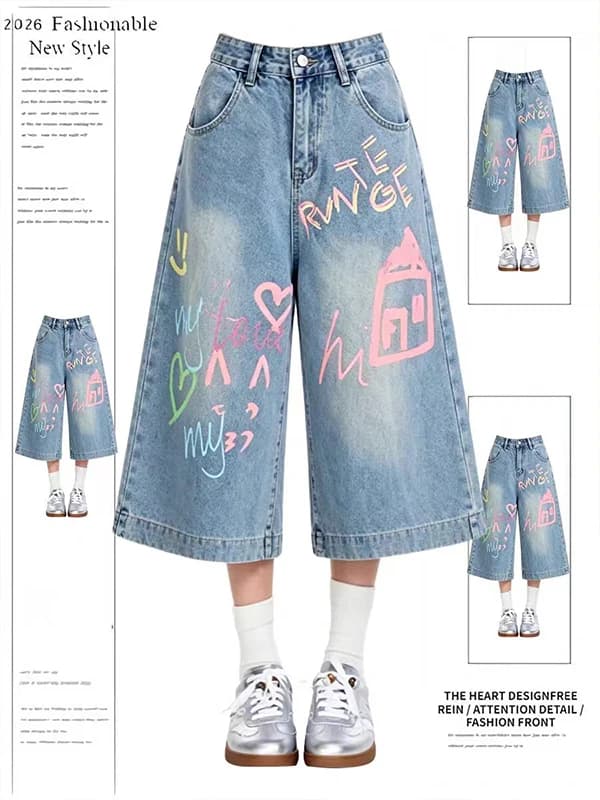 Dopamine Graffiti Denim Jeans Women's Summer Loose Straight Leg Street Casual Shorts High Waist Wide Leg Pants Cotton Blend