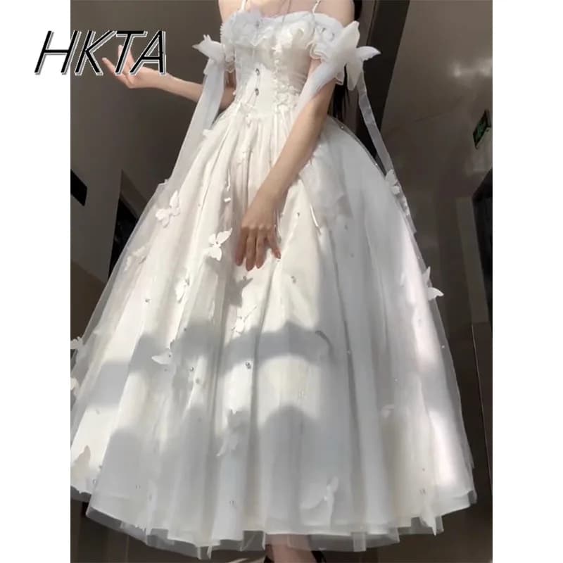 Abito da sposa bianco originale 2025 Abito lungo da dea estiva con cinturino e spalle scoperte Perline Farfalla Elegante abito da principessa con volant