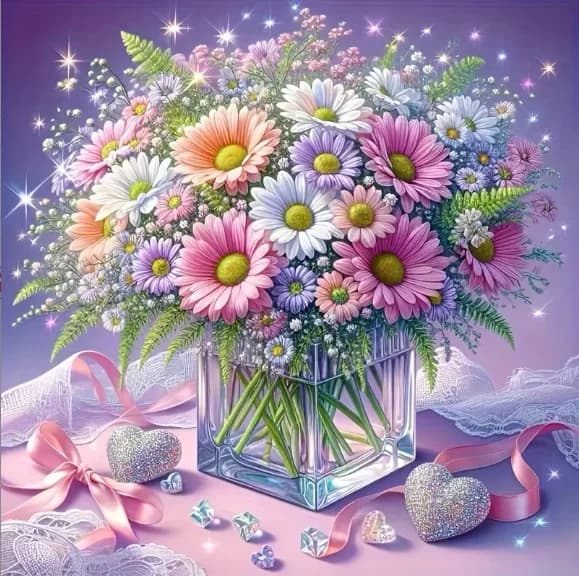 Pastel Daisy Bouquet Vase Pink Ribbon Glitter Heart Background Diamond Painting, Living Room Wall Decor DIY Handmade Craft Gift