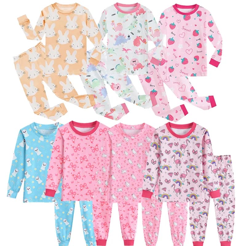 Little Hand Kids Rabbit Long Sleeve Pajamas Set Pure 100% Cotton Cute Cartoon Pattern Nightwear Loungewear for Girls 3‑10T