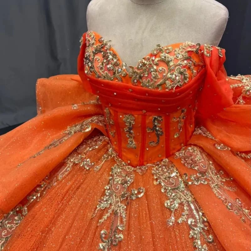 Orange Quinceanera Dress Golden Sequin Crystal Decal Long tail off-shoulder Lace Ruffles Vestidos De 15 Quinceanera Customize