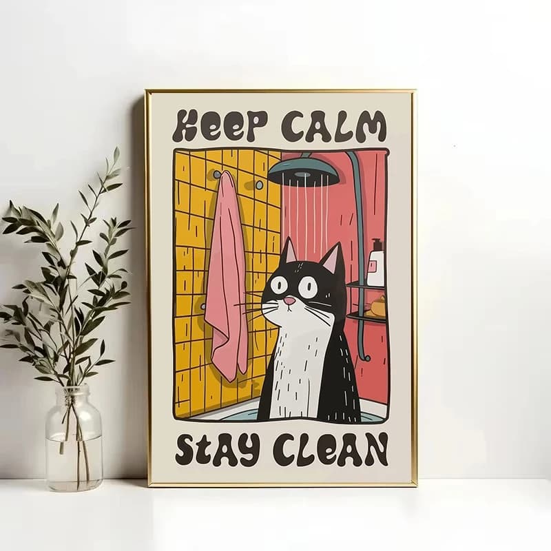 "Wash Your Paws" Cute Cat Illustration Canvas Painting Prints Poster Funny Animal Art Prints Wash Room Bathroom Home Decor