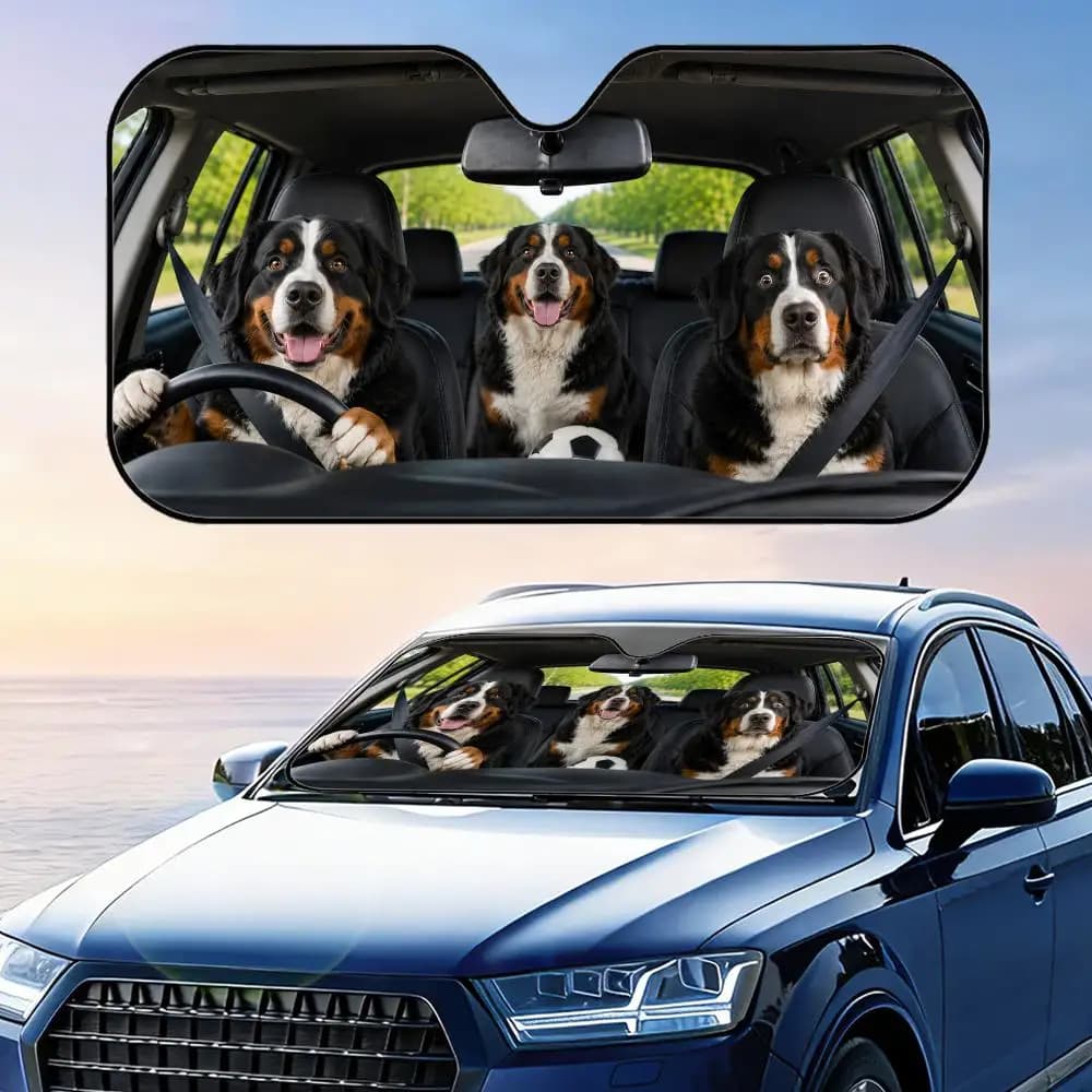 Parasole per Auto con Design Cane Bernese da Montagna Tifoso di Calcio, Pieghevole, Riflettente, Protezione UV, Isolamento Termico