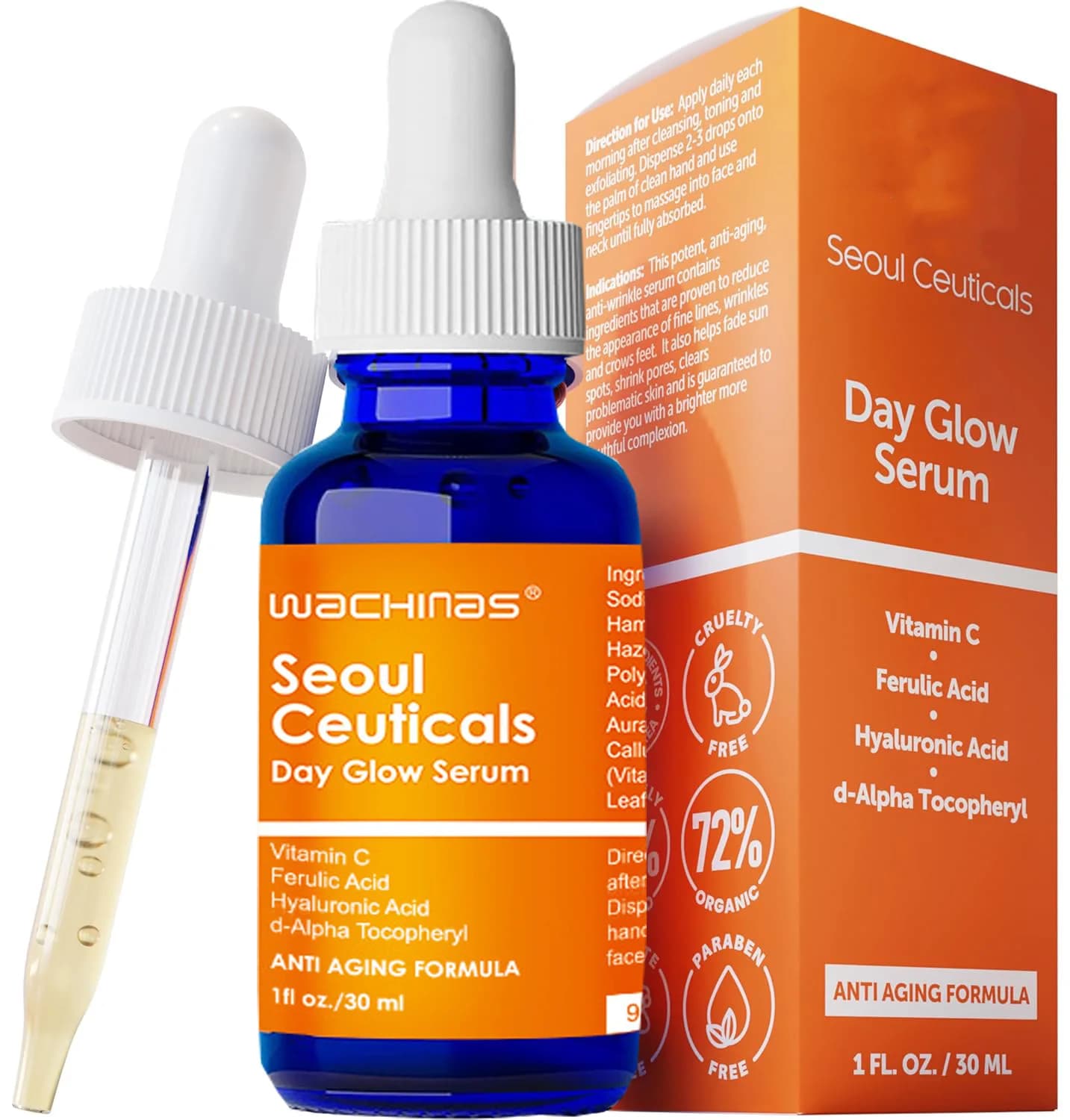 Skin care Hyaluronic acid serum with vitamin C at 20% + Ferulic acid - Powerful anti-aging anti-wrinkle serum for dark spots
