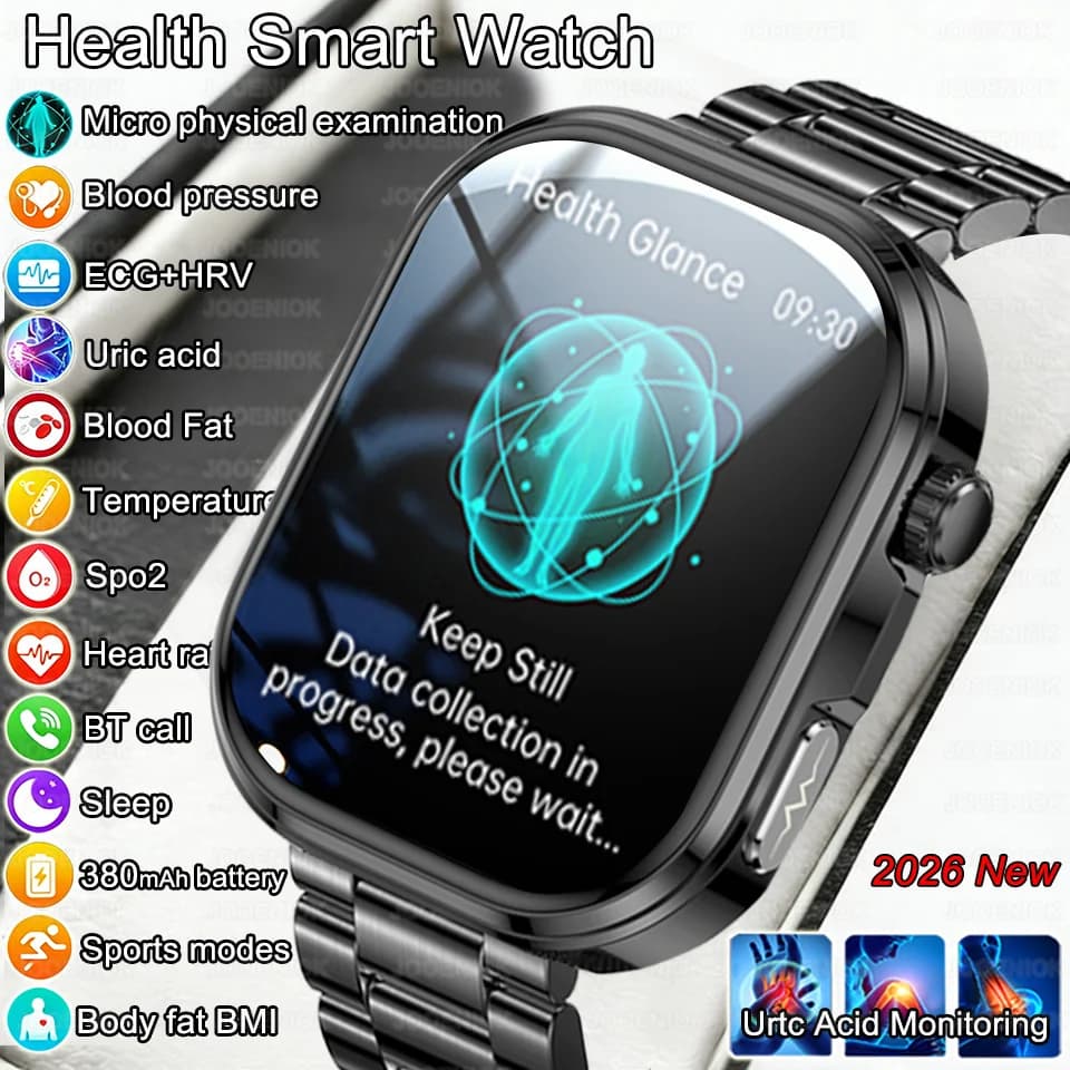 Smartwatch for measuring health, for man, with measurement of oxygen in blood, uric acid, ECG+PPG, blood pressure, called HD BT, waterproof, compatible with Android and iOS.