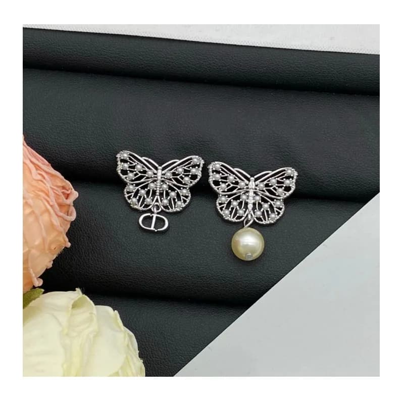 Early Spring New Pearl Stud Earrings Silver Needle Women's Classic Versatile Full Diamond Butterfly Earrings
