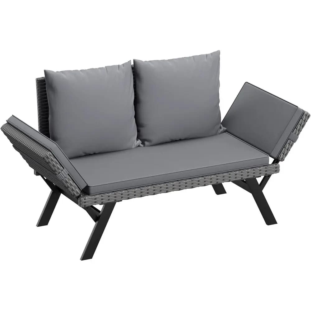 Convertible Outdoor Wicker Patio Sunbed with Adjustable Armrests, Cushions, and Pillows (Grey)