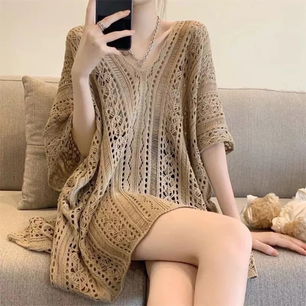 Copricostume Oversize Traforato con Scollo a V, Maglione all'Uncinetto, Copricostume Lavorato a Maglia, Copricostume Ampio a Rete da Pesca, Abbigliamento da Spiaggia Estivo