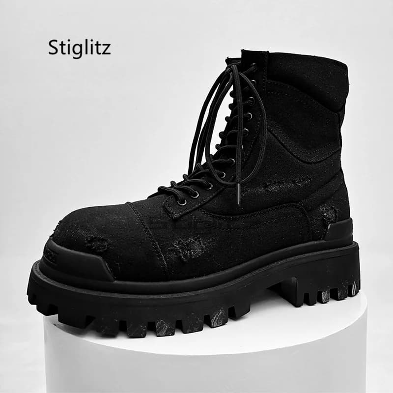 Stivali da moto vintage in denim strappato per uomo Stivali da lavoro da cowboy antiscivolo con suola spessa Scarpe da trekking all'aperto con piattaforma