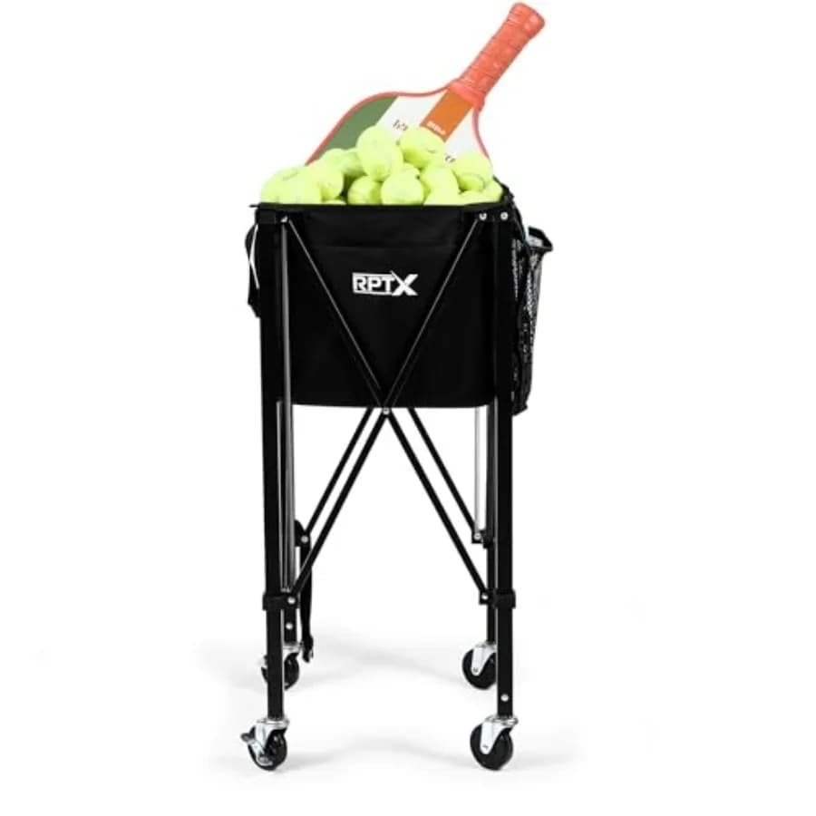Carrello Portapalle da Tennis e Pickleball, Contenitore per 150 Palline, Tasche Multiple, Borsa da Trasporto, Robusto Carrello con Ruote