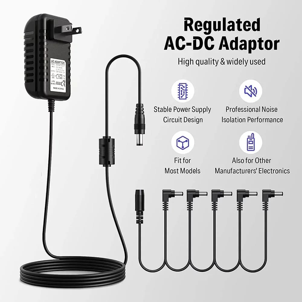 Adattatore di alimentazione per pedale per chitarra 9V DC US UK Spina UE Punta negativa Cavi a catena a margherita a 5 vie compatibili per la maggior parte dei pedali per chitarra