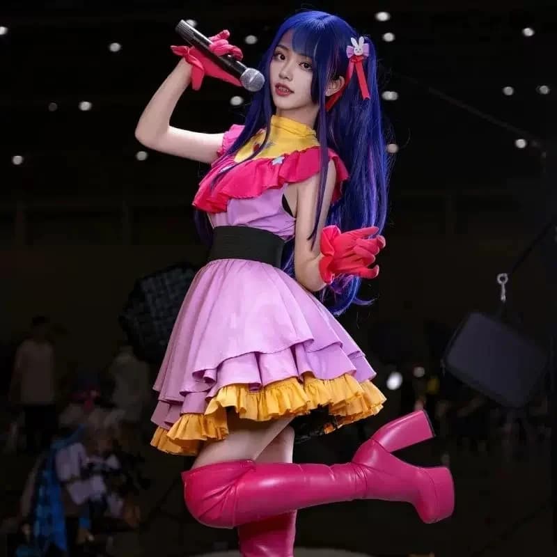 Costume Cosplay Euro 7 Cos B-Komachi Center Ai Hoshino OSHI NO KO, Abito da Palcoscenico per Idol, Set Completo con Fermaglio per Capelli a Coniglio per Halloween