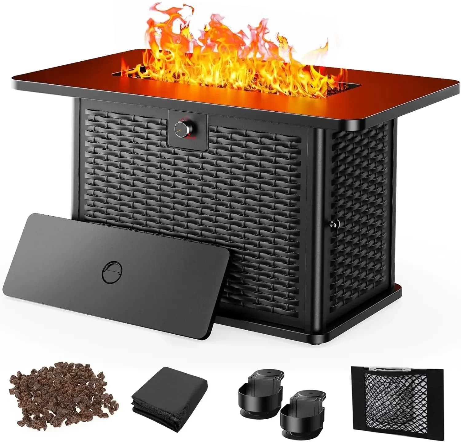 Tavolo con Braciere a Propano da 43 Pollici, 60.000 BTU, con Rocce Laviche, Copertura Impermeabile, Coperchio Rimovibile, Portabicchieri, 2-in-1