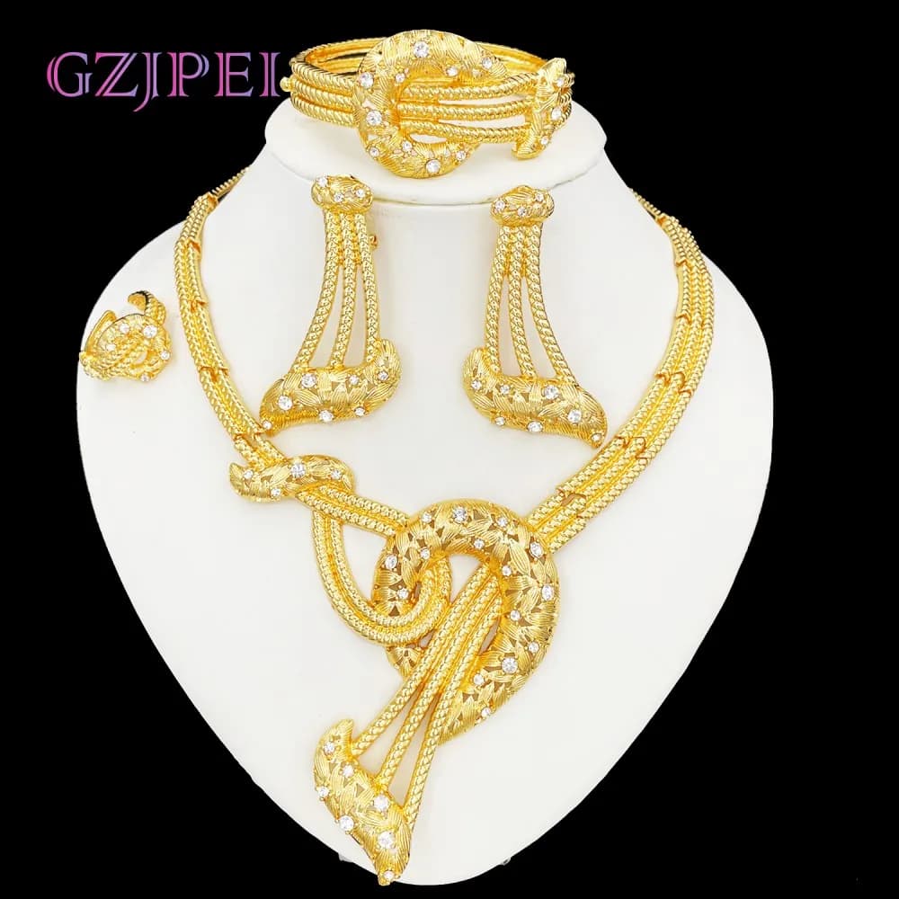 GZJPEI Africal Gold Color Big Jewelry Set Design Large Necklace Earring Ring Set Exaggerate Jewellery Nigeria Wedding Gift 2025