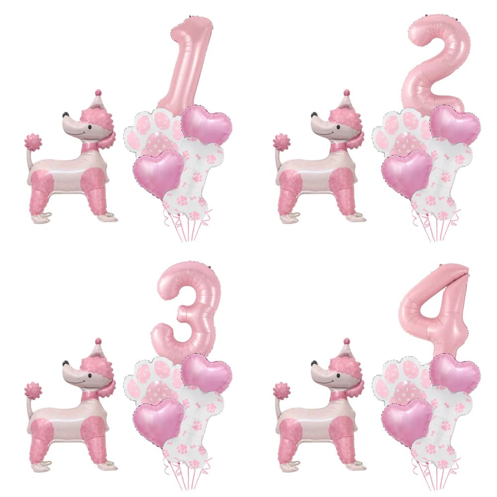 Set di palloncini rosa per cani barboncino e numeri per la decorazione a tema di animali domestici, compleanni, battesimi, anniversari