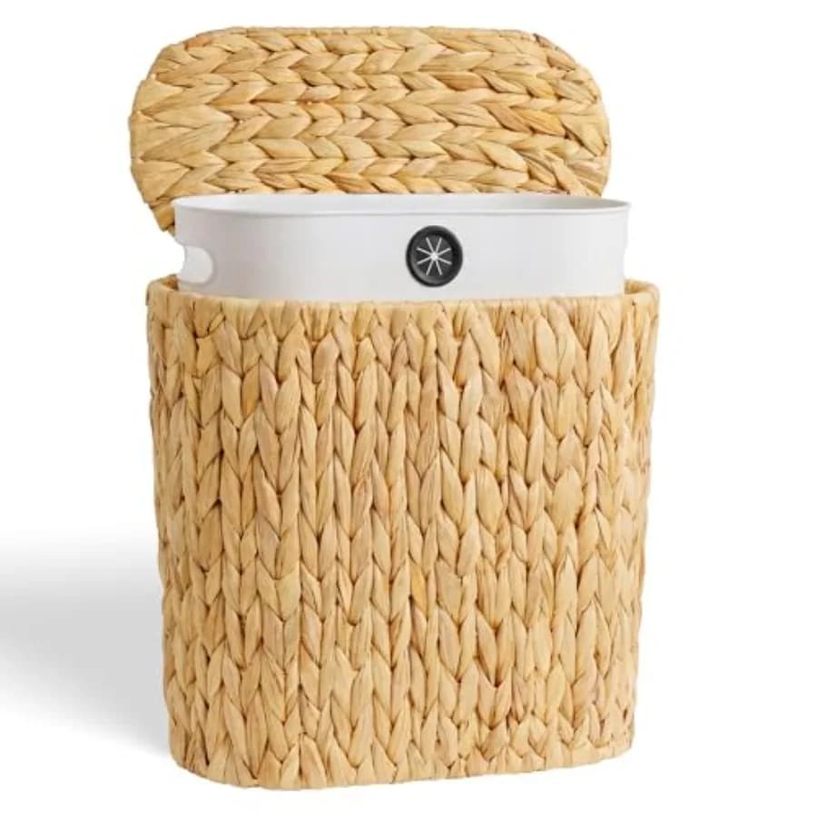 Cestino per Rifiuti in Vimini da 3 Galloni, Cestino per Bagno con Coperchio, Cesto Stretto in Giacinto d'Acqua Naturale con Fodera Rimovibile, Stile Boho G