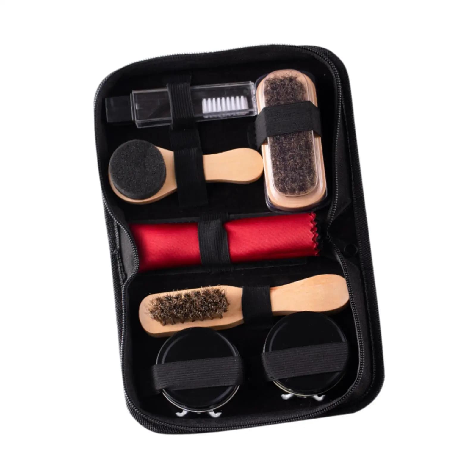 Kit per la cura delle scarpe da viaggio Spazzole in crine di cavallo lucidanti Black Shine, smalto trasparente