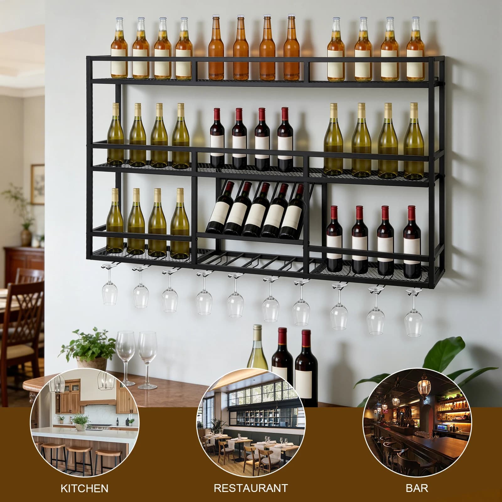 Espositore per Bottiglie di Liquori a 3 Livelli con Portabicchieri, Portabottiglie da Parete per Casa, Bar, Sala da Pranzo, Cucina, Soggiorno