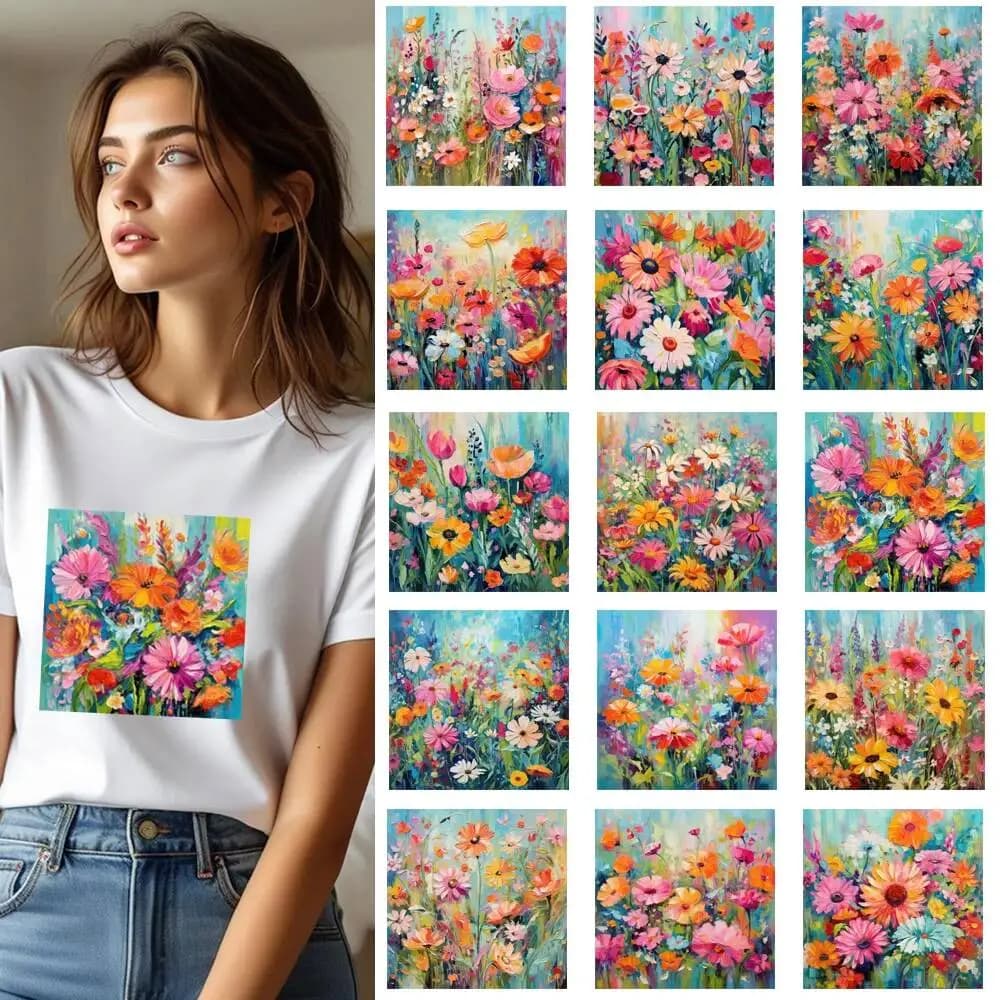 Toppe per trasferimento di calore con pittura a olio floreale colorata fine da 25 cm per vestiti Adesivi termici termoadesivi per camicia lavabile di livello A fai da te