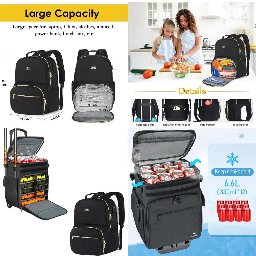 Large Fishing bag with Wheels and Thermal compartment, Lunch and Laptop Backpack with Isolated Vano