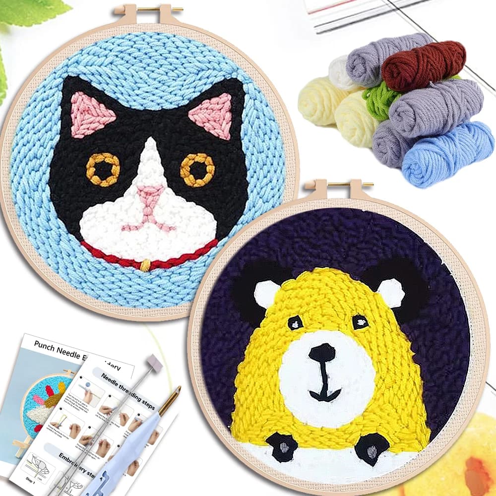 GATYZTORY 20x20cm Punch Needle Embroidery Kit Cartoon Animal Punch Needle Sewing Kit for Adults Beginner DIY Craft Gift for Mom