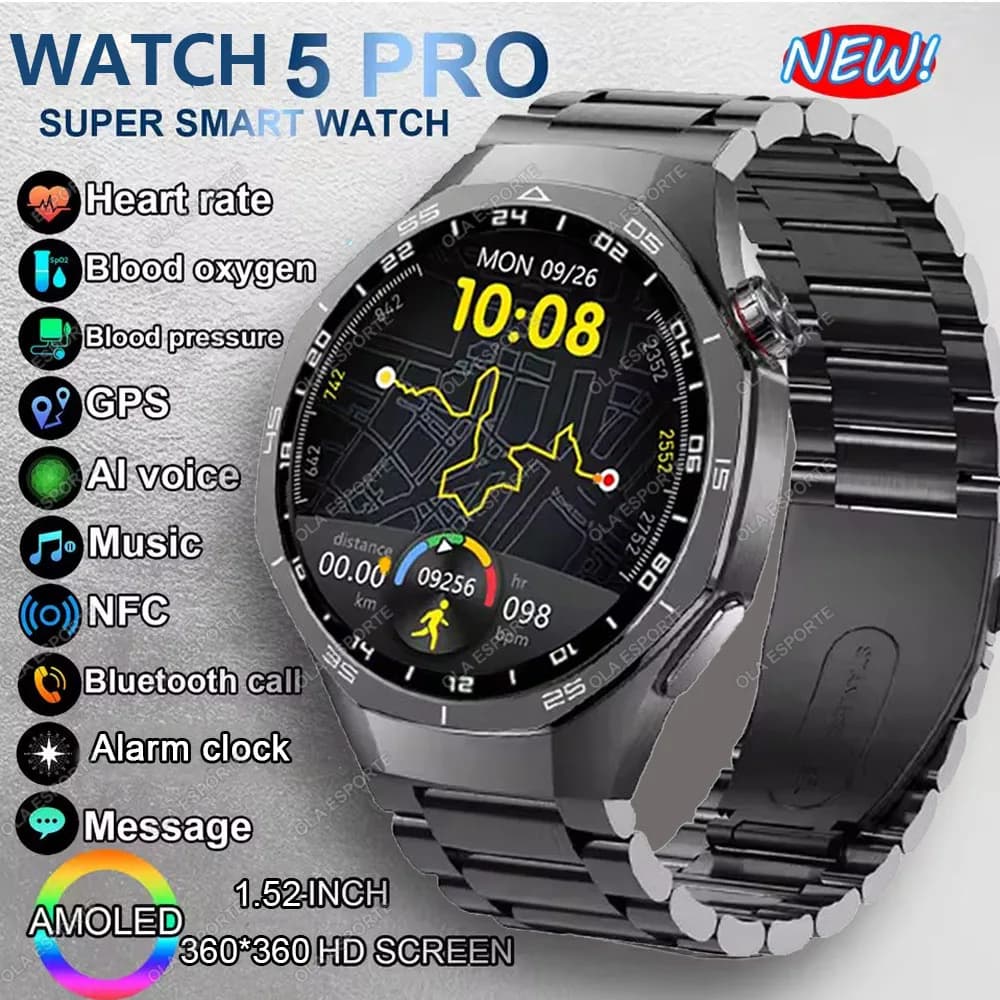 New Watch 5 Pro Smart Watch 1.53 Inch AMOLED Display Screen GPS Sports Tracker Smartwatch Men Women IP68 Waterproof Watches Hw12
