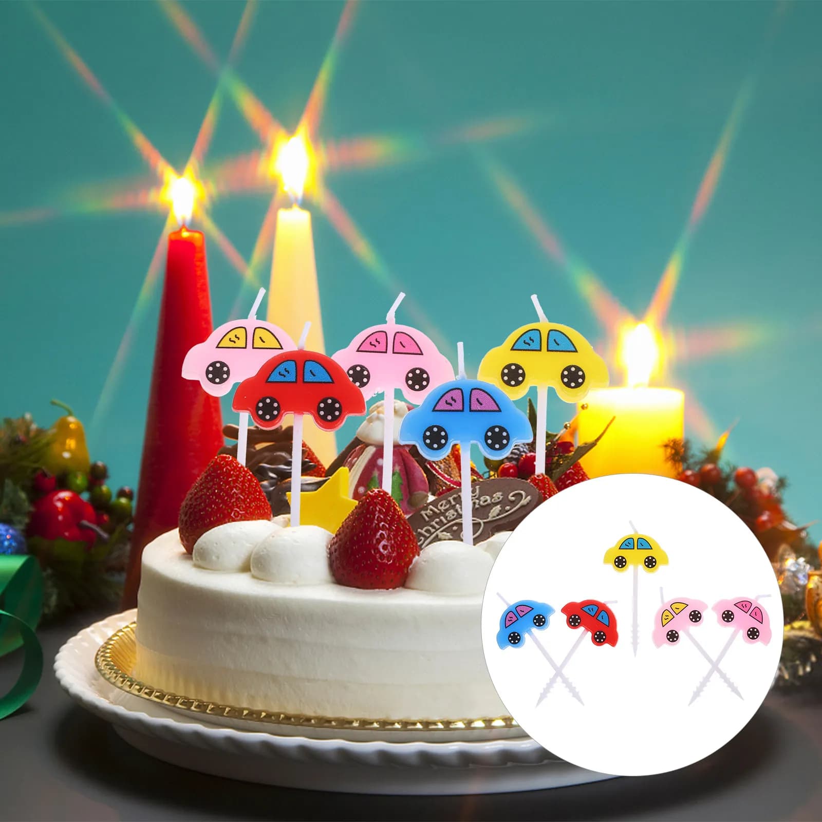 Set di 5 Mini Candele Senza Fiamma a Forma di Auto, Decorazioni per Torte di Compleanno per Bambini, Design Divertente