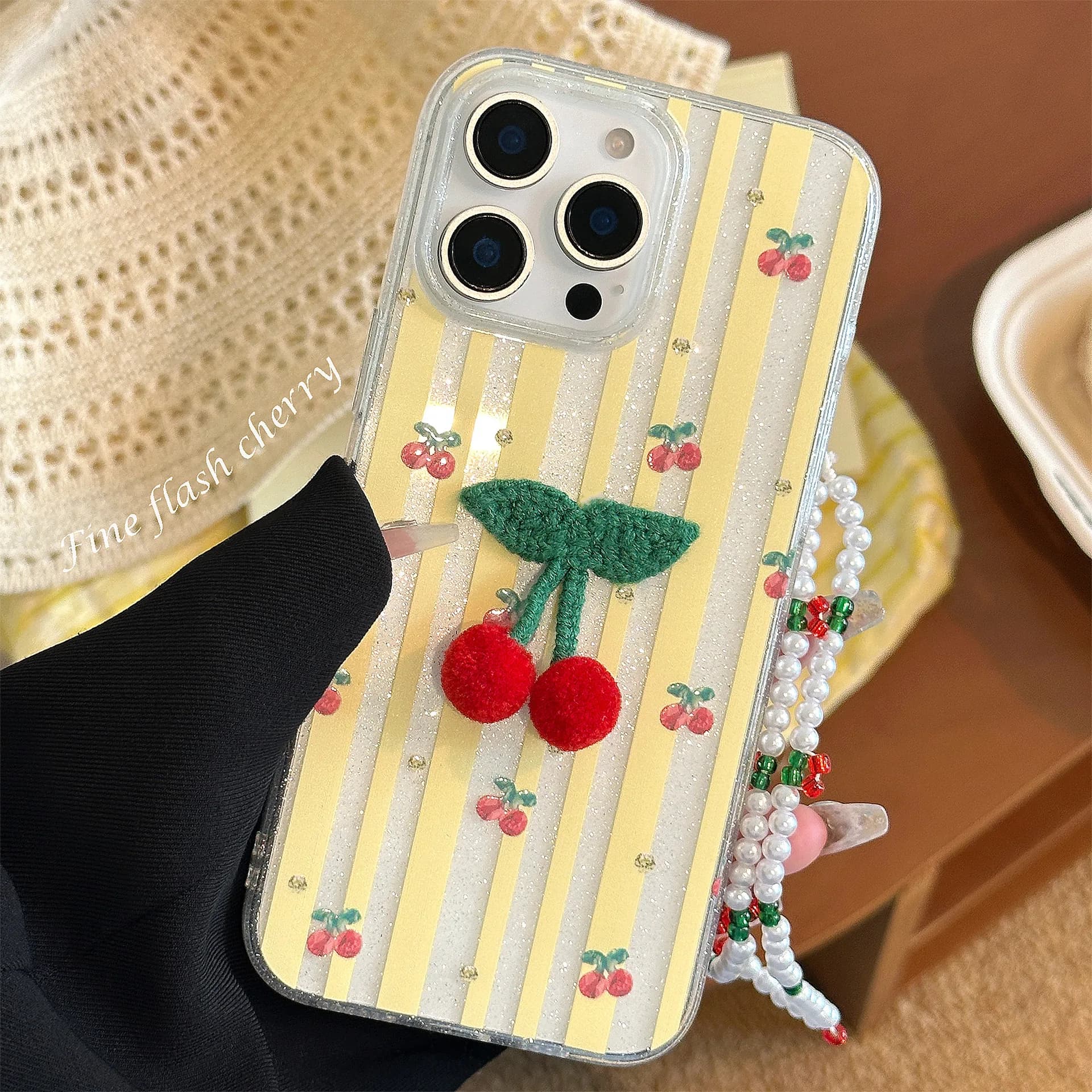 Soft Phone Case with 3D Cherry Korean Striped Glitter with Cord for iPhone 16 15 14 12 13 11 Pro Max Shock Protective Case