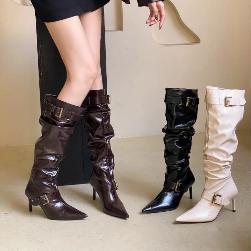 Hot Selling Pointed White Pile Boots, High-heeled Long Boots for Women in Autumn 2025, Belt Buckle High-heeled Long Boots