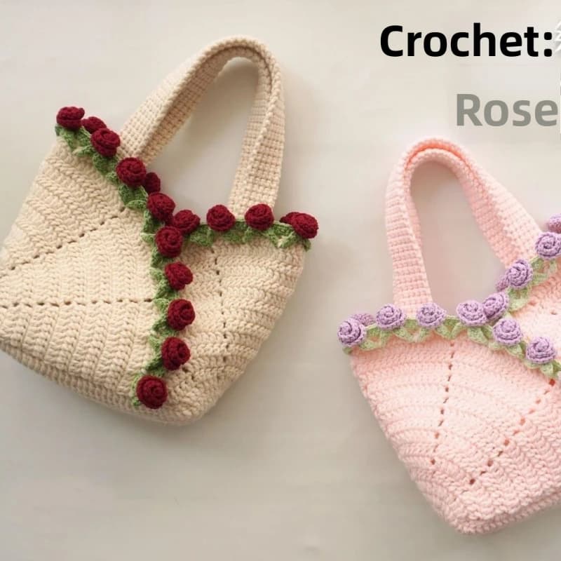 Borsa con fiori di rosa all'uncinetto. Il kit di borse con fiori all'uncinetto in filato fatto a mano si trasforma in una coperta di rose