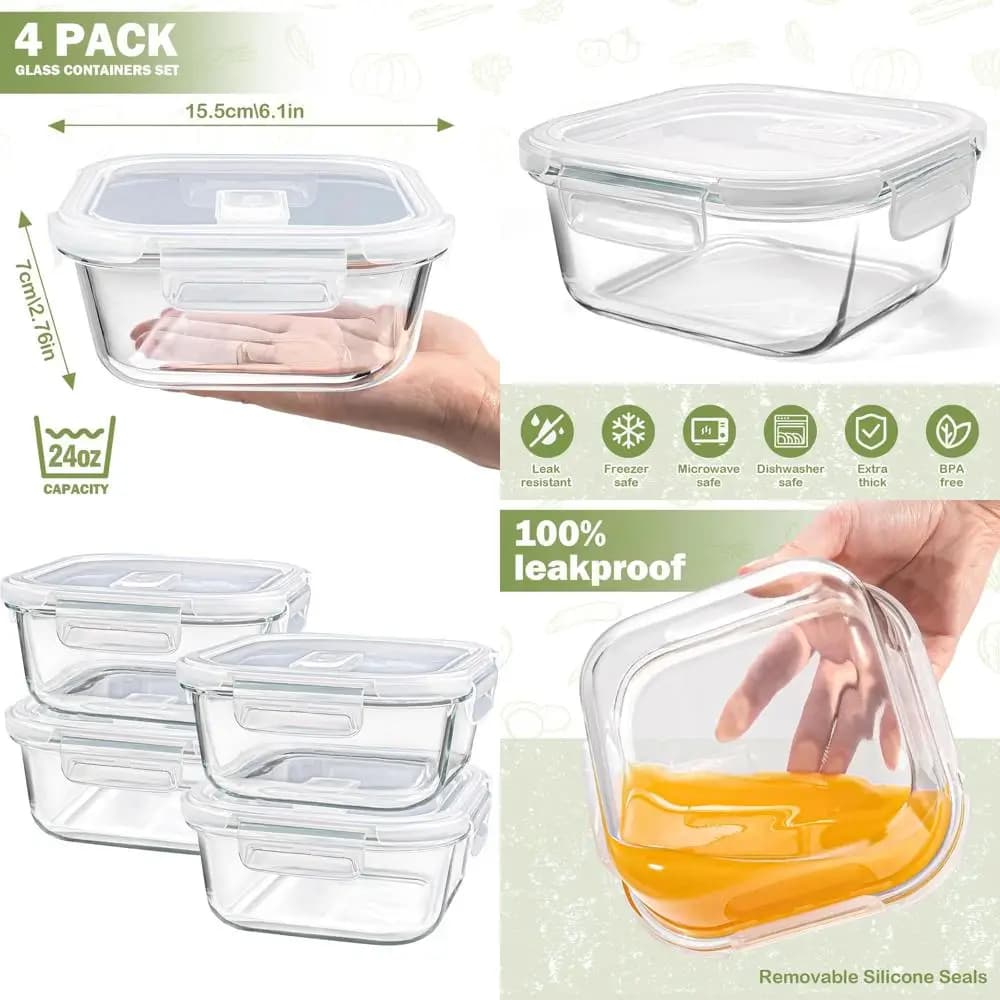 Set di 4, contenitori per il pranzo in vetro borosilicato da 24 once con coperchi, sicuri per il congelatore, ciotole per la preparazione dei pasti quadrate da 3 tazze