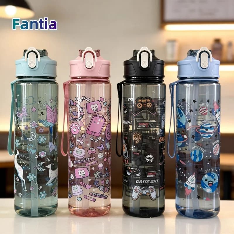 Comfortable 750 ml water bottle printed cartoon straw cup portable sports cup large capacity stagna sport outdoor gym sports