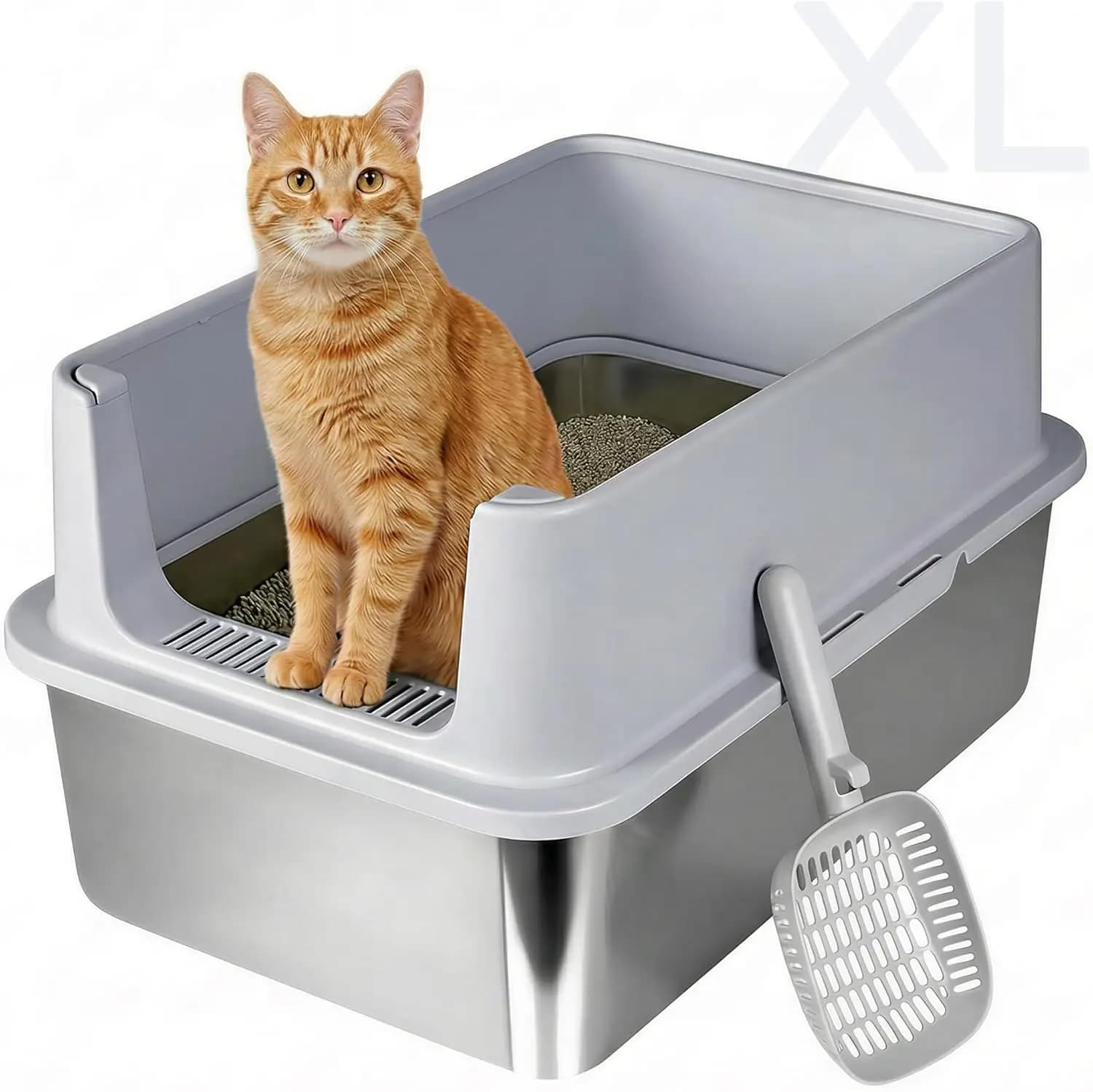 Lettiera per Gatti XL in Acciaio Inossidabile, con Bordi Alti, Antiaderente, Anti-Odore, Facile da Pulire, Include Paletta