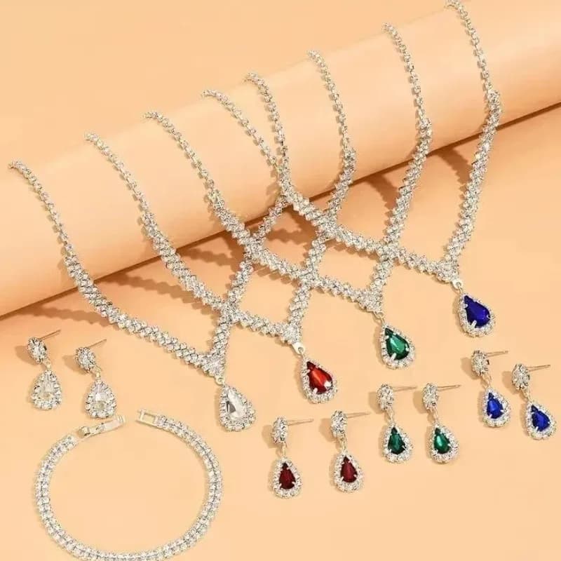 Trendy Water Drop Rhinestone Necklace Bracelet Earrings Jewelry Set for Women Delicate Statement Bride Wedding Jewelry Gifts